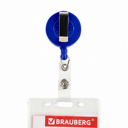 Бейдж вертикальный (90х60мм), с держателем-рулеткой 70 см, синий, BRAUBERG, 238244