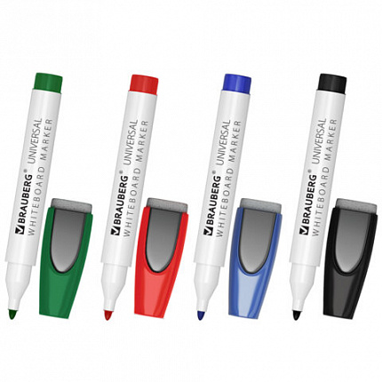 Маркеры стираемые на магните со стирателем для белой доски, 4 ЦВЕТА, BRAUBERG UNIVERSAL, 152491