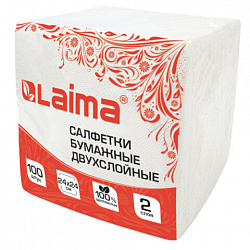 Салфетки бумажные 100 штук, 2-х слойные, 24х24 см., LAIMA, белые, 100% целлюлоза, 118715