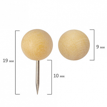 Силовые кнопки-гвоздики BRAUBERG WOOD, деревянные (шарики), 50 штук, 10 мм, 272761