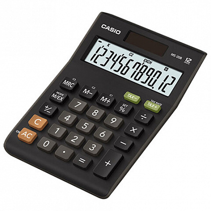 Калькулятор настольный CASIO MS-20UC-BK-W-EC (15х10,5х2,3 см), 12 разрядов, двойное питание