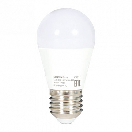 Лампа светодиодная SONNEN EXTRA, 10 (85) Вт, E27, шар, теплый белый, 30000 ч, LED G45-10W-2700-Е27, 457913
