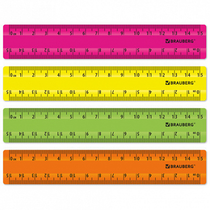 Линейки пластиковые 15 см неоновые BRAUBERG, НАБОР 4 штуки, непрозрачные, пенал, 210881
