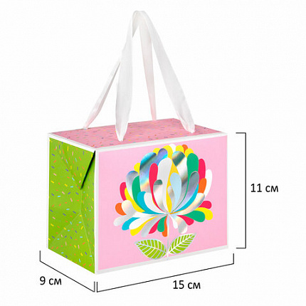 Пакет-коробка подарочный (1 штука) ассорти "Happy Birthday"/"Цветок", глиттер/тиснение фольгой, ламинация 15х9х11 см, 81273, 90074, 81273