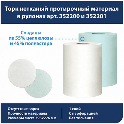 Протирочный нетканый материал TORK Advanced, 253 листа в рулоне, 39,5х27,6 см, бирюзовый, 352201