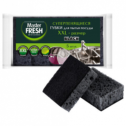 Губки для посуды 9,5х6,5 см XL, КОМПЛЕКТ 5шт, bubble-поролон, черные, Master FRESH, Ш