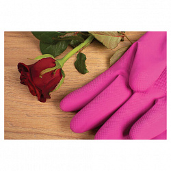 Перчатки МНОГОРАЗОВЫЕ резиновые YORK "Роза", хлопчатобумажное напыление, ПРОЧНЫЕ, размер L (большой), розовые, вес 75 г, 92370