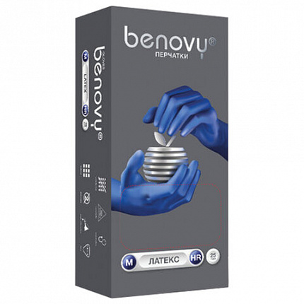 Перчатки латексные смотровые 25 пар (50 штук), прочные, размер 7-8, M (средний), BENOVY High Risk