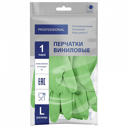 Перчатки МНОГОРАЗОВЫЕ виниловые ЗЕЛЕНЫЕ усиленные ГИПОАЛЛЕРГЕННЫЕ, ТР ТС, PROFESSIONAL, размер 8-9, L (большой), вес 90 г, ADM, 31159