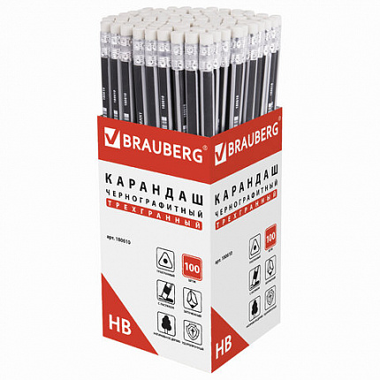 Карандаш чернографитный BRAUBERG, 1 шт., "Alderida", НВ, трехгранный, с ластиком, корпус черный, заточенный, 180610