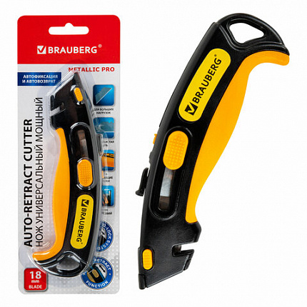 Нож универсальный мощный, BRAUBERG METALLIC PRO, автофиксатор, функция автовозврата, 238737