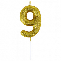 Свеча-цифра для торта "9" золотая с глиттером, 6 см, ЗОЛОТАЯ СКАЗКА, на шпажке, в блистере, 591422