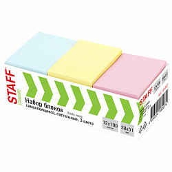 Блоки самоклеящиеся (стикеры) STAFF STANDARD, 38х51 мм, 3 цвета, 100 листов, НАБОР 12 штук, 116587
