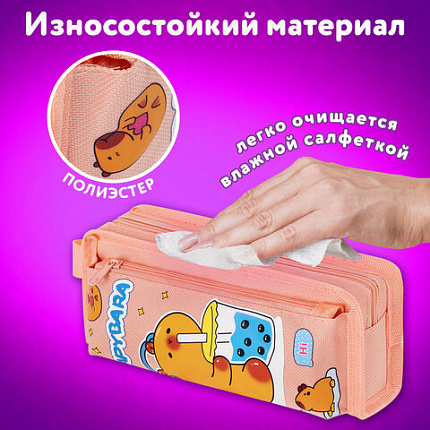 Пенал ЮНЛАНДИЯ ЮНИОР, 2 отделения, с ручкой, полиэстер, "Капибара", 21х8х6 см, 273814