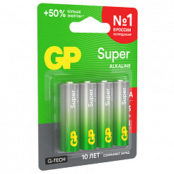 Батарейки КОМПЛЕКТ 4 шт., GP Super G-Tech, AA (LR6,15А), алкалиновые, пальчиковые, ПРОМО 3+1, 15A3/1-2CR4