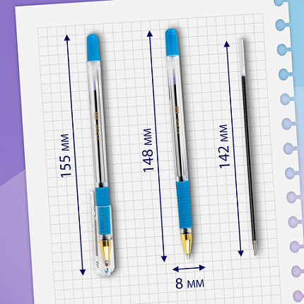 Ручки шариковые с грипом BRAUBERG "X-ONE", НАБОР 10 ШТУК, СИНИЕ, корпус прозрачный, узел 0,5 мм, линия письма 0,35 мм, 143990