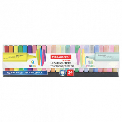 Набор текстовыделителей 24 ЦВЕТА на подставке, BRAUBERG "ORIGINAL", 15 пастельных цветов + 9 неоновых цветов, линия 1-5 мм, 152508