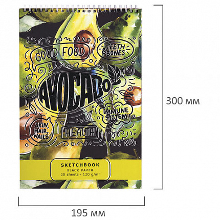 Скетчбук, черная бумага 120 г/м2, 195х300 мм, 30 л., гребень, SoftTouch, выборочный лак, "Авокадо", 97644