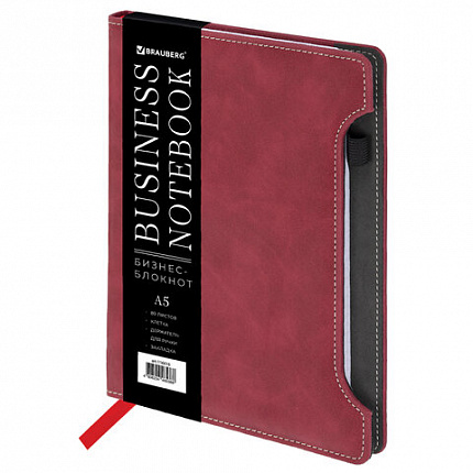 Блокнот А5 165x218 мм, BRAUBERG "Perfect", под кожу софт-тач, держатель для ручки, 80 листов, клетка, бордовый, 116616