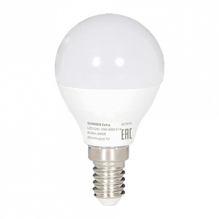 Лампа светодиодная SONNEN EXTRA,10 (85) Вт, E14, шар, нейтральный белый, 30000 ч, LED G45-10W-4000-Е14, 457910