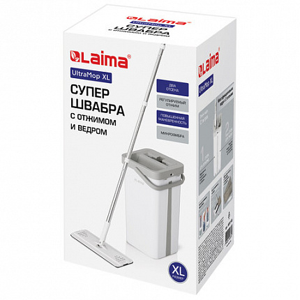 Швабра с отжимом и ведром 12л/9л двухкамерное, 2 насадки микрофибра, карманы с 2-х сторон, рукоятка 134-154см белый NeoMop XL, LAIMA,609149