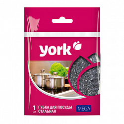 Губка (мочалка) металлическая, 40г, МЕГА, для посуды, гриля, плиты, YORK, 003030