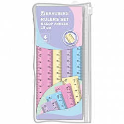 Линейки пластиковые 15 см пастельные BRAUBERG, НАБОР 4 штуки, непрозрачные, пенал, 210880