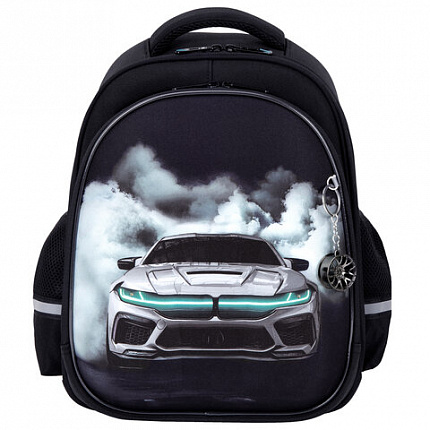 Ранец BRAUBERG STABLE, 2 отделения, с брелком, "Smoky car", LED-ЛАМПОЧКИ, 36х28х16 см, 274389