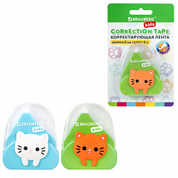 Корректирующая лента BRAUBERG KIDS "Котенок", 5 мм х 6 м, корпус ассорти, блистер, 272494