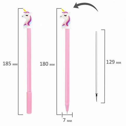Ручка с топпером шариковая ЮНЛАНДИЯ "Единорожка", корпус ассорти, СИНЯЯ, пишущий узел 0,7 мм, 143806