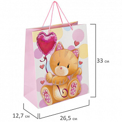 Пакет подарочный (1 штука) 26x13x32 см, ЗОЛОТАЯ СКАЗКА "Lovely Kitty", глиттер, белый/розовый, 608242