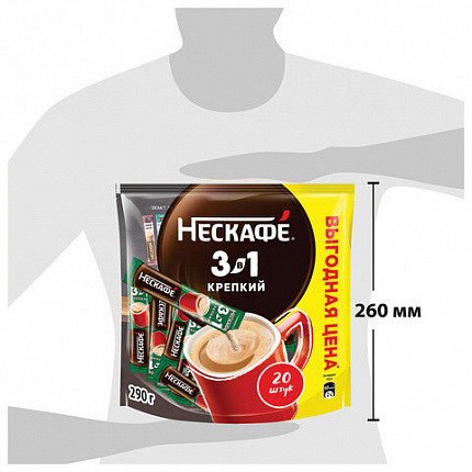 Кофе растворимый порционный NESCAFE "3 в 1 Крепкий", КОМПЛЕКТ 20 пакетиков по 14,5 г, 12460873