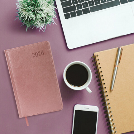 Ежедневник датированный 2026, А5, 138х213 мм, BRAUBERG "Impression", под кожу, розовый, 117514