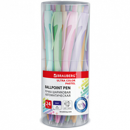 Ручка шариковая автоматическая BRAUBERG ULTRA COLOR PASTEL, soft-touch, СИНЯЯ, пишущий узел 0,7 мм, линия 0,35 мм, 144204
