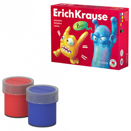 Гуашь ERICH KRAUSE "Jolly friends" 12 цветов по 20 мл, картонная упаковка, 61415