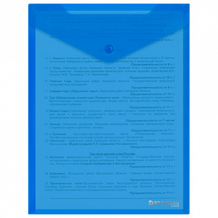 Папка-конверт с кнопкой прозрачная А4 BRAUBERG UNIVERSAL, вертикальная, синяя, 0,15 мм, 273076