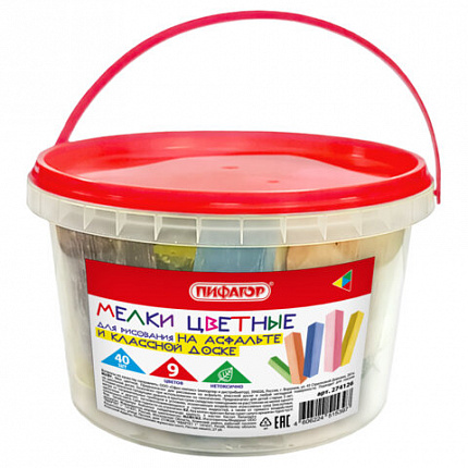 Мел в ведерке для асфальта и классной доски 40 штук, цветной квадратный, ПИФАГОР, 274126