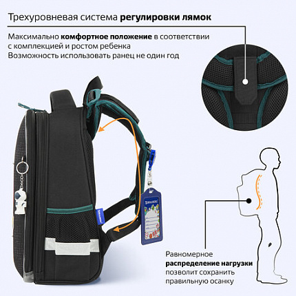 Ранец BRAUBERG PREMIUM, 2 отделения, с брелоком, "К звездам!", ЛАМПОЧКИ, 38х29х16 см, 270599