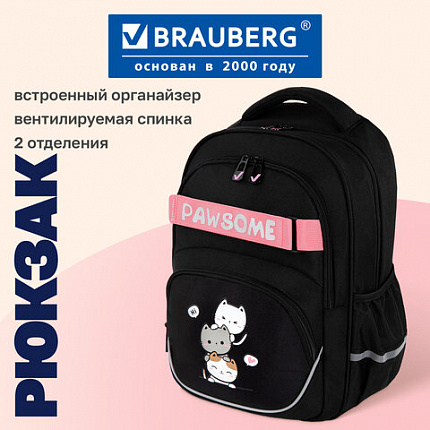 Рюкзак BRAUBERG MOTION, 2 отделения, 3 кармана, "Башня из котиков", 41х28х17 см, 272033