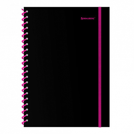 Тетрадь обложка пластик, А4 80л. спираль пластик, резинка, клетка, BRAUBERG, черный/розовый, 405380