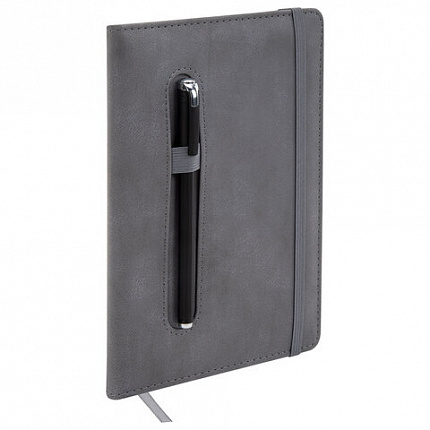 Блокнот А5 148x218 мм BRAUBERG "Optimal", под кожу, 80 листов, резинка, держатель для ручки, клетка, серый, 118638