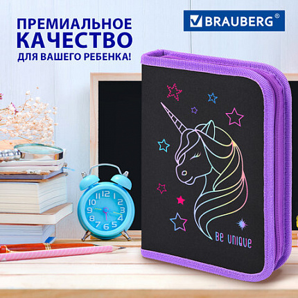Пенал BRAUBERG с наполнением, 1 отделение, 1 откидная планка, 24 предмета, 21х14 см, "Radiant unicorn", 273532
