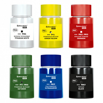 Краски акриловые художественные 6 цветов в банках по 22мл, BRAUBERG HOBBY, 192409