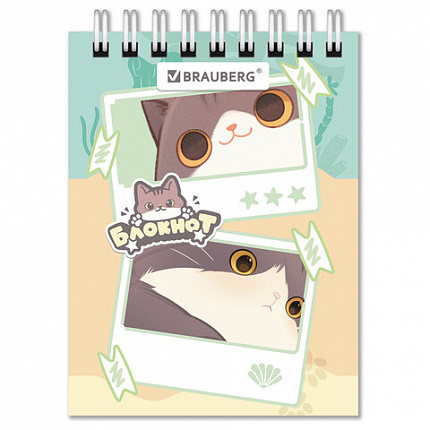 Блокнот МАЛЫЙ ФОРМАТ А7, 75х105 мм, 40 л., гребень, клетка, кросс-серия "МИЛЫЕ КОТЫ", BRAUBERG, 116988