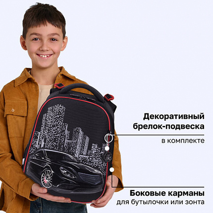 Ранец BRAUBERG PREMIUM, 2 отделения, с брелоком, "Ночь в центре", ЛАМПОЧКИ, 38х29х16 см, 271356