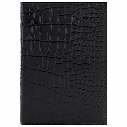 Обложка для паспорта натуральная кожа крокодил, "PASSPORT", черная, BRAUBERG, 237185