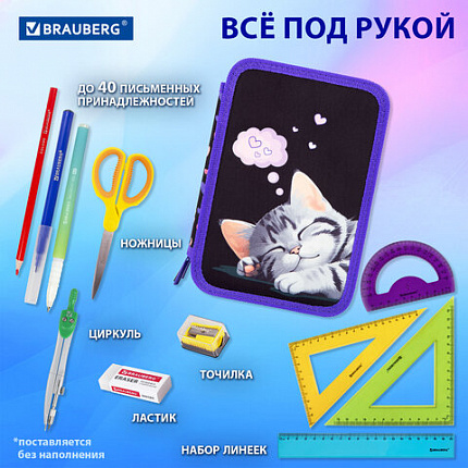 Пенал BRAUBERG, 3 отделения, полиэстер, 21х14 см, "Спящий котенок", 273538