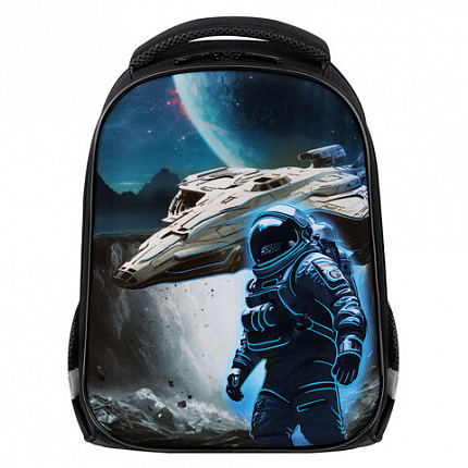 Ранец BRAUBERG KIDS START, 1 отделение, 2 кармана, "Space conqueror", СВЕТЯЩИЙСЯ, 35х26х13 см, 274408