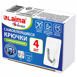 Крючки самоклеящиеся универсальные 2,5x4,5 см, КОМПЛЕКТ 4 шт., сталь, серебристые, LAIMA HOME, 608788