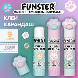 Клей-карандаш 9 г, кросс-серия КОШАЧЬИ ЛАПКИ, фигурный колпачок, ассорти, FUNSTER (ФАНСТЕР), 274660